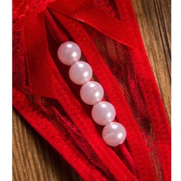 COPY - Christmas 5 Pearl Red & Black lace G-String fits S to XL - Picture 6 of 7